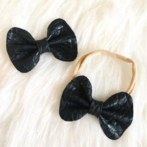 Black Textured Genuine Leather Bow