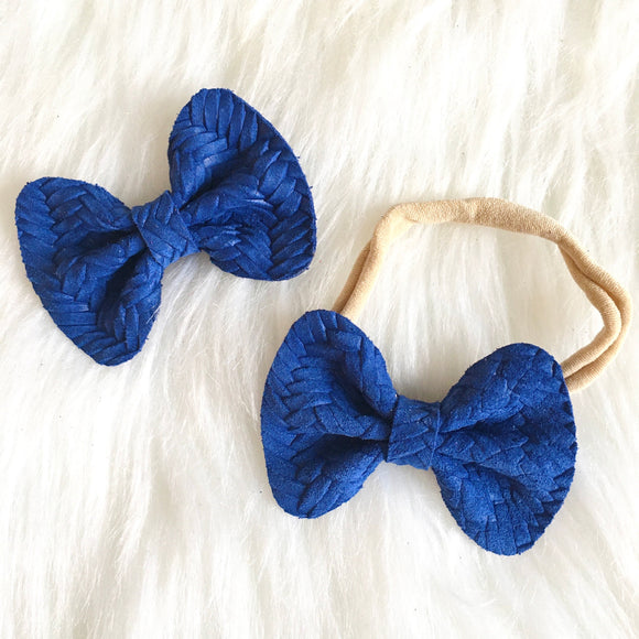 Blue Basket Weave Genuine Leather Bow