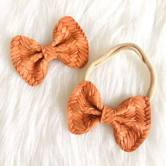 Orange Basket Weave Genuine Leather Bow