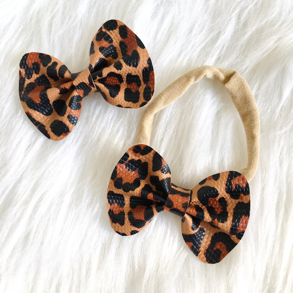 Leopard Vegan Leather Bow