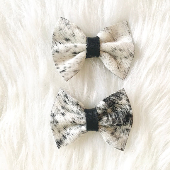 Black & White Fur Bow - Genuine Leather Bow