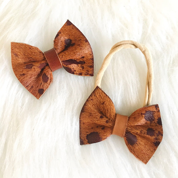 Brown Cow Fur Bow - Genuine Leather Bow