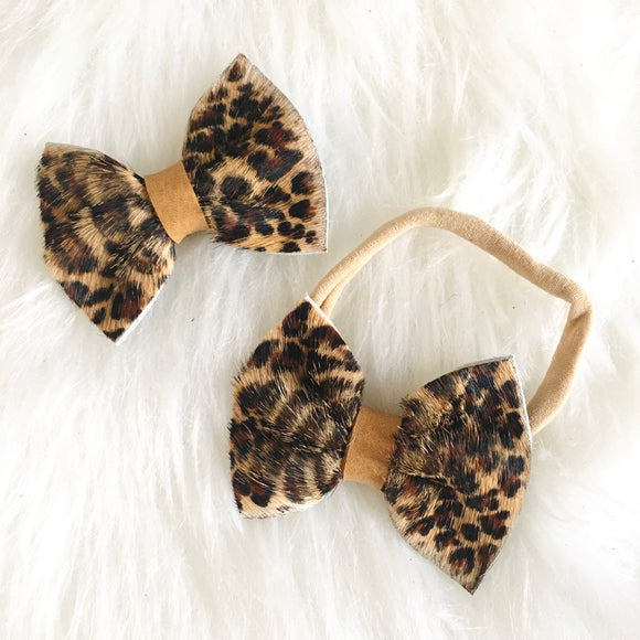 Leopard Fur Bow - Genuine Leather Bow