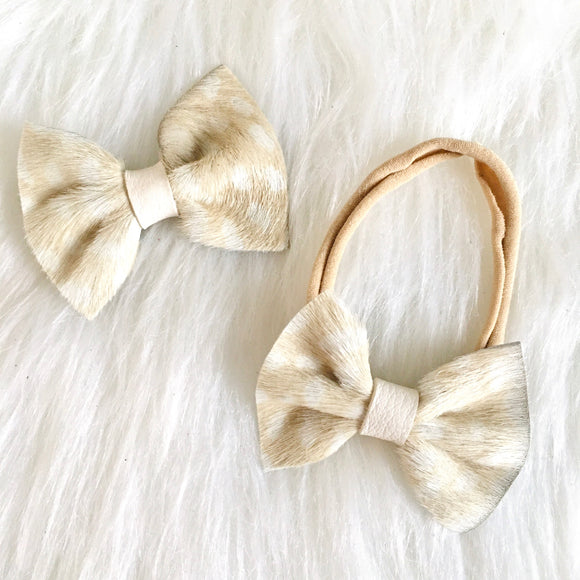 Fawn Fur Bow in Cream - Genuine Leather Bow