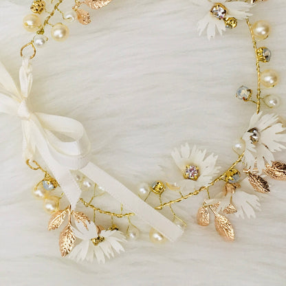 Gold & Pearl & Diamond Flower Halo Crown