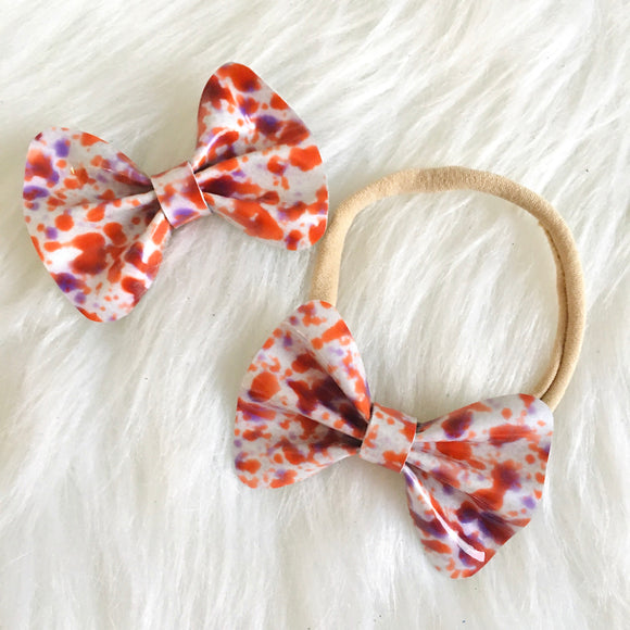 Orange & Purple Splatter Genuine Leather Bow