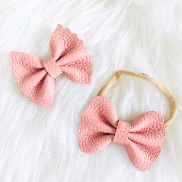 Peachy Pink Pebbled Genuine Leather Bow