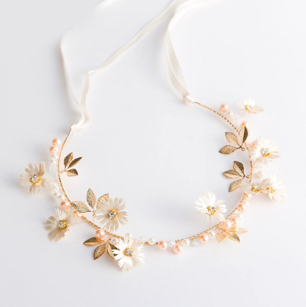 Gold & Pearl & Diamond Flower Halo Crown
