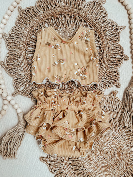 Handmade Mustard Floral Rib Knit Ruffle Bloomers & Crop Top Set