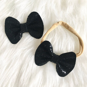 Black Pebbled Metallic Genuine Leather Bow