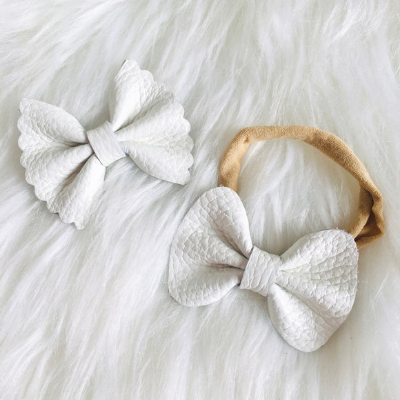 White Pebbled Genuine Leather Bow