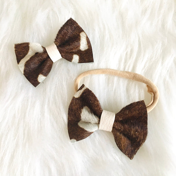 Brown & White Fur Bow - Genuine Leather Bow