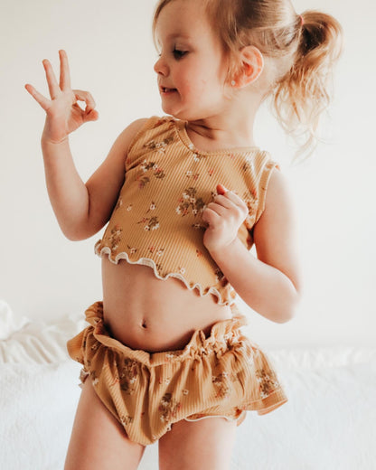Handmade Mustard Floral Rib Knit Ruffle Bloomers & Crop Top Set