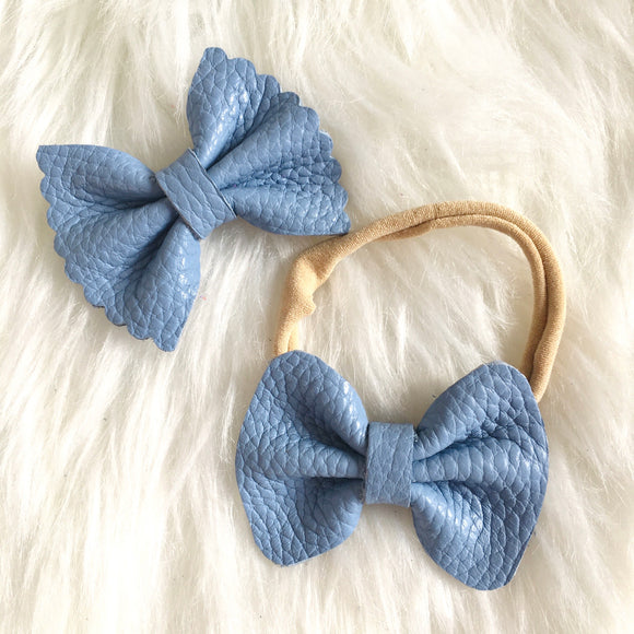 Sky Blue Pebbled Genuine Leather Bow