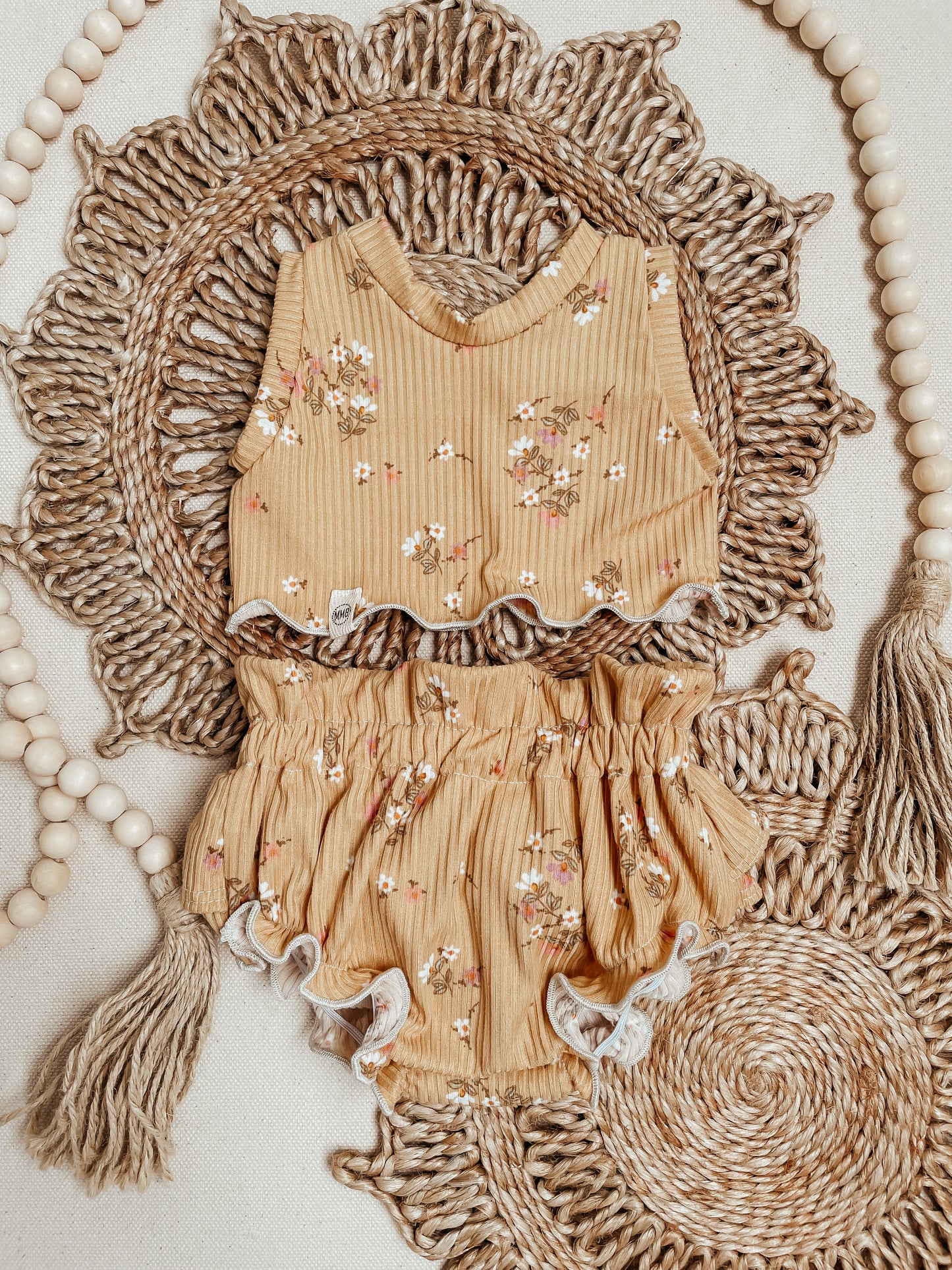 Handmade Mustard Floral Rib Knit Ruffle Bloomers & Crop Top Set