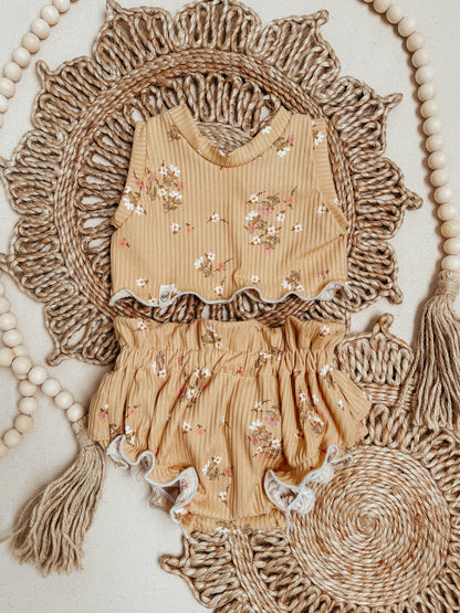 Handmade Mustard Floral Rib Knit Ruffle Bloomers & Crop Top Set