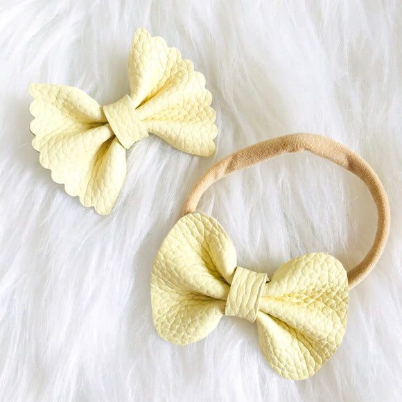 Pale Yellow Pebbled Genuine Leather Bow