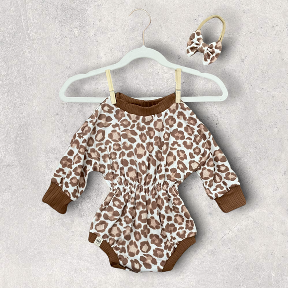 Muted Leopard Sweater Romper with Matching Bow