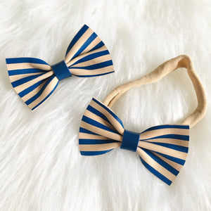 Blue Striped Slim Genuine Leather Bow