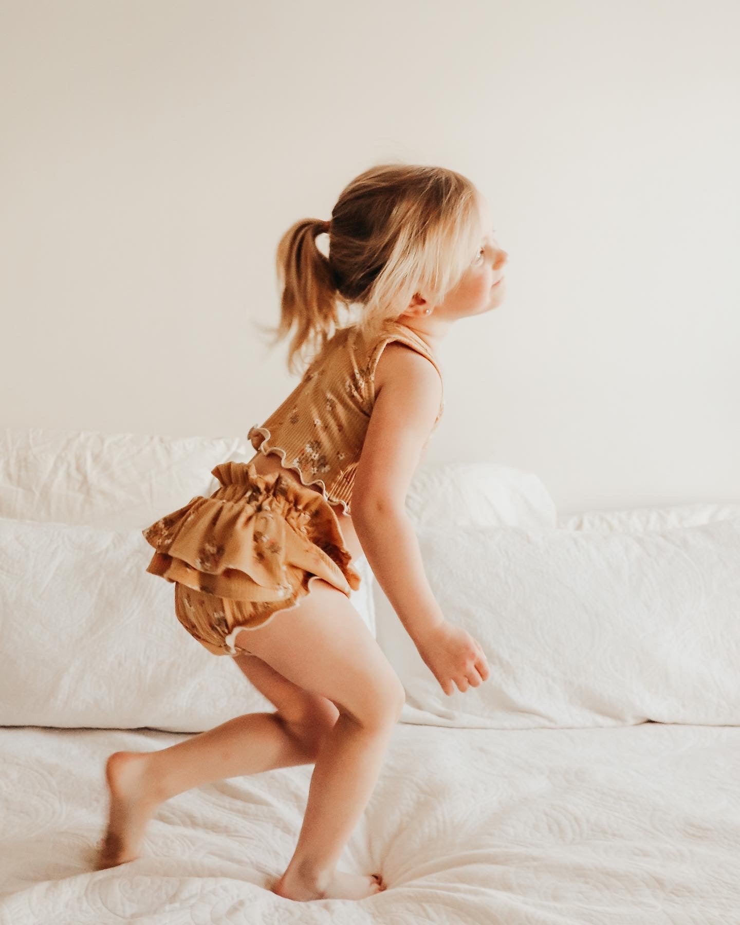 Handmade Mustard Floral Rib Knit Ruffle Bloomers & Crop Top Set