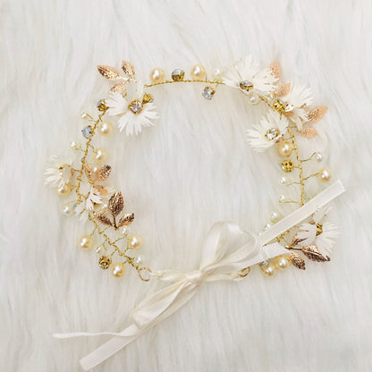 Gold & Pearl & Diamond Flower Halo Crown