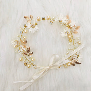 Gold & Pearl & Diamond Flower Halo Crown