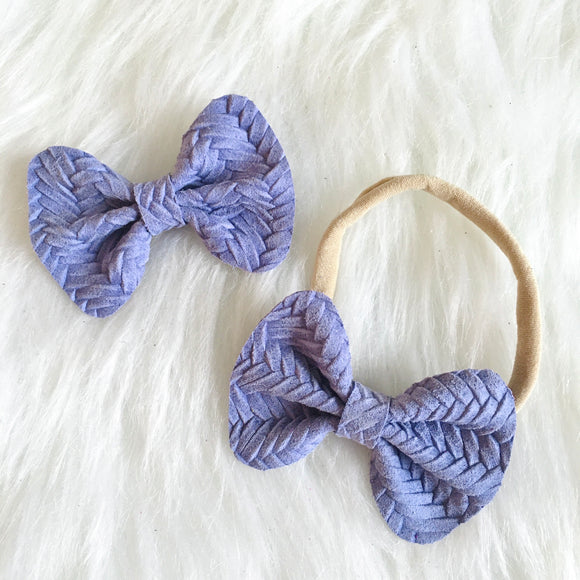 Periwinkle Basket Weave Genuine Leather Bow