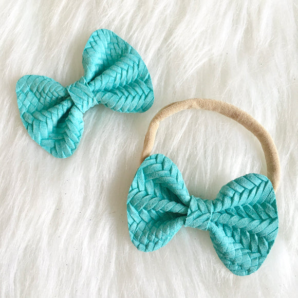 Mint Basket Weave Genuine Leather Bow