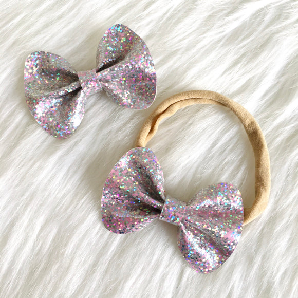 Baby Pink Holographic Smooth Glitter Bow