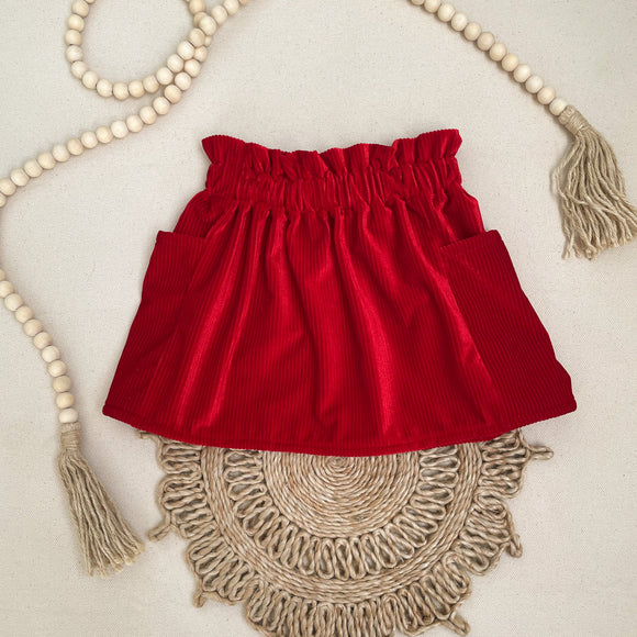 Red Corduroy Paper Bag Waist Pocket Skirt