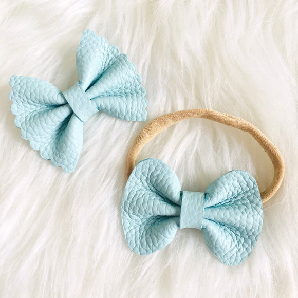Baby Blue Pebbled Genuine Leather Bow