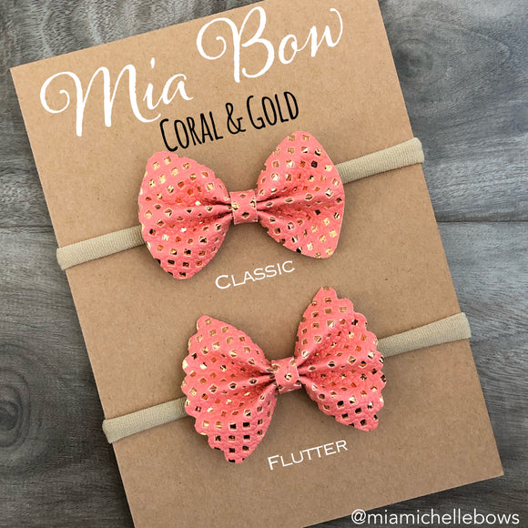 Coral & Gold Vegan Leather Bow