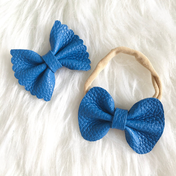 Blue Pebbled Genuine Leather Bow