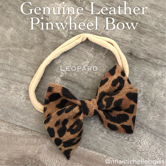 Leopard Pinwheel Genuine Leather Bow