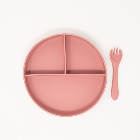 Silicone Suction Plate with Silicone Fork in Dusty Rose