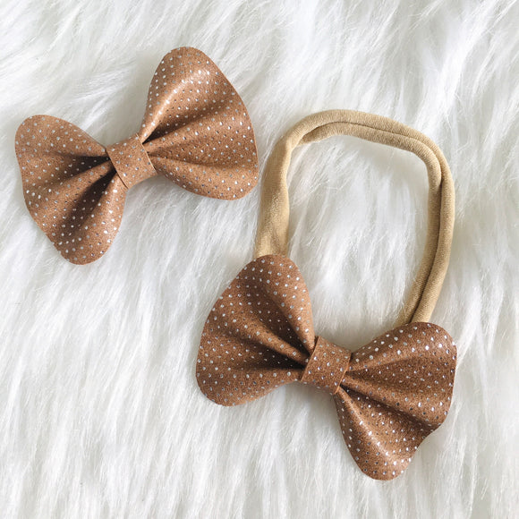 Brown & Silver polkadot Vegan Leather Bow