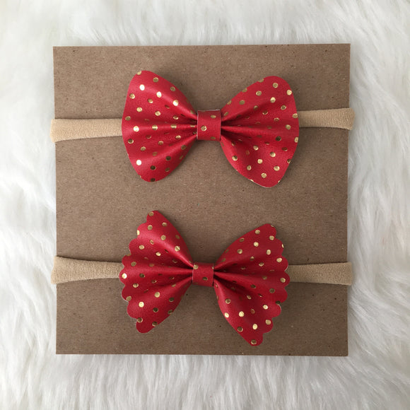 Red & Gold Dot Vegan Leather Bow