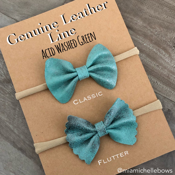 Acid Washed Green Genuine Leather Bow