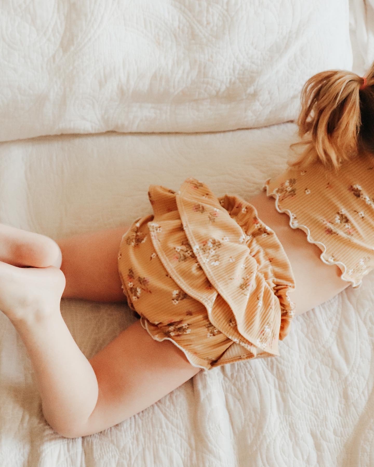 Handmade Mustard Floral Rib Knit Ruffle Bloomers & Crop Top Set