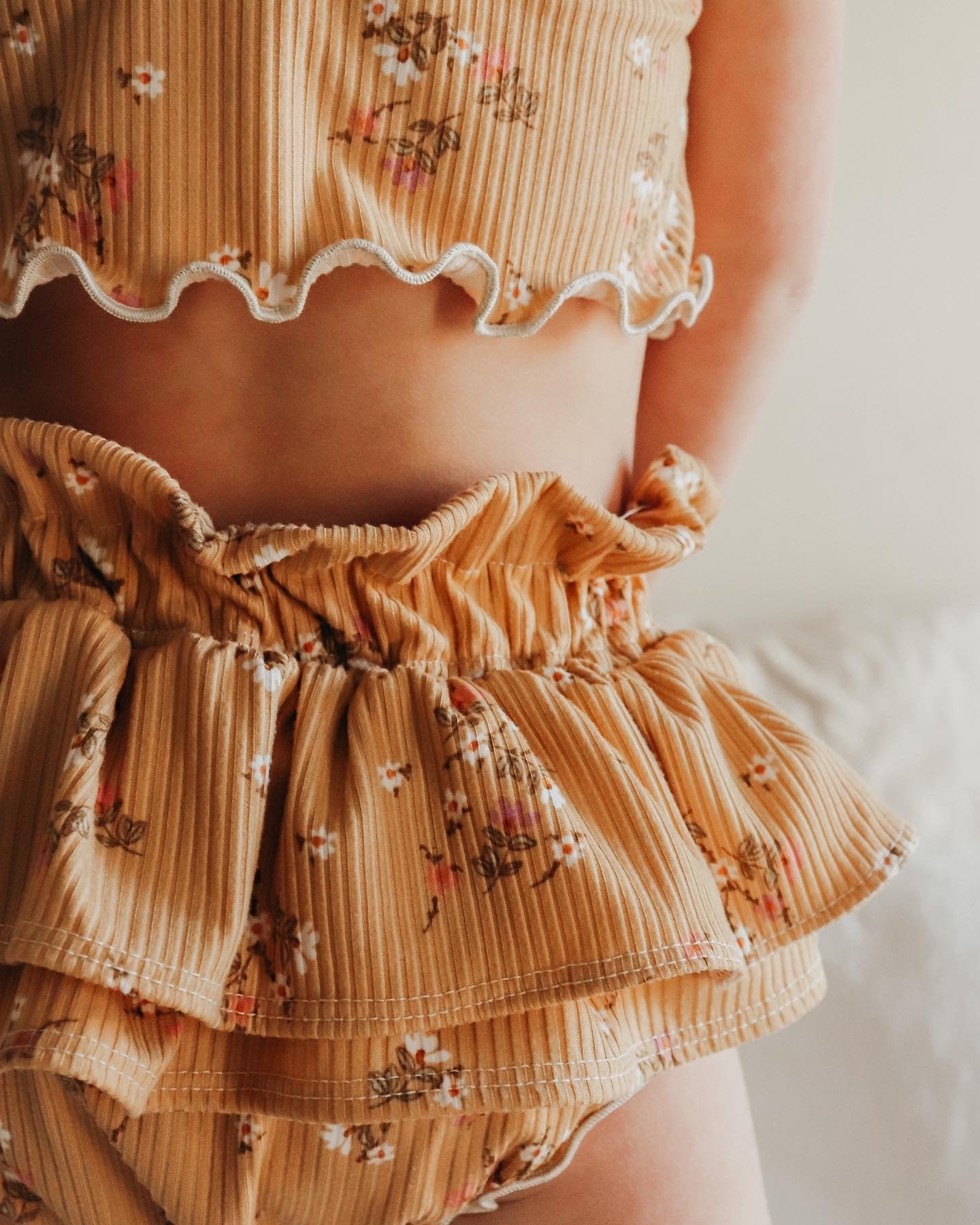 Handmade Mustard Floral Rib Knit Ruffle Bloomers & Crop Top Set