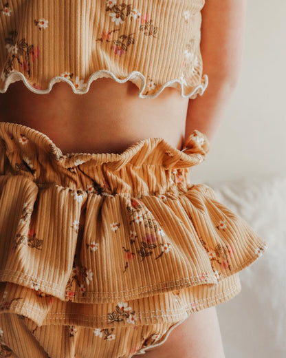 Handmade Mustard Floral Rib Knit Ruffle Bloomers & Crop Top Set