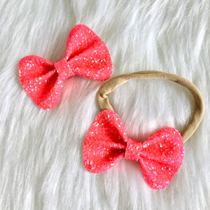 Neon Coral Glitter Bow