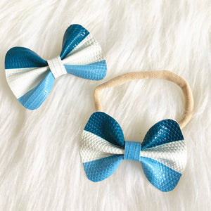 Blue Triple Stripe Genuine Leather Bow