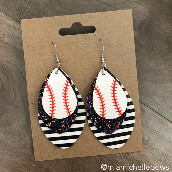 Baseball Earrings in Black Sparkle & Stripes