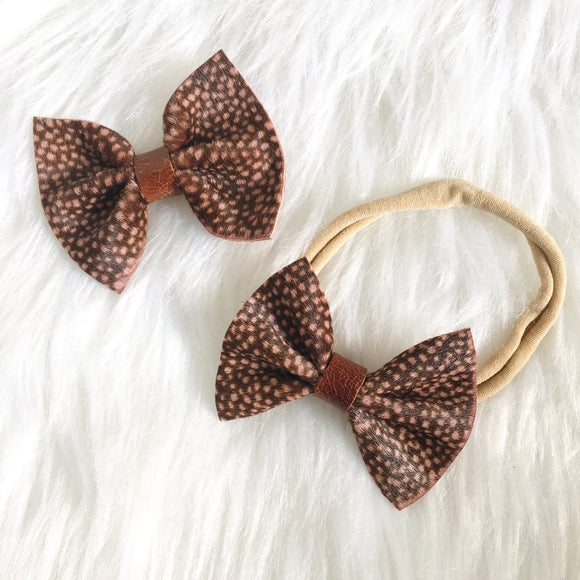 Speckled Mauve Fur Bow - Genuine Leather Bow