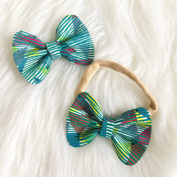 Teal Geometric Genuine Leather Bow