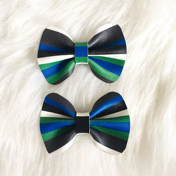 Black Green & Blue Striped Genuine Leather Bow