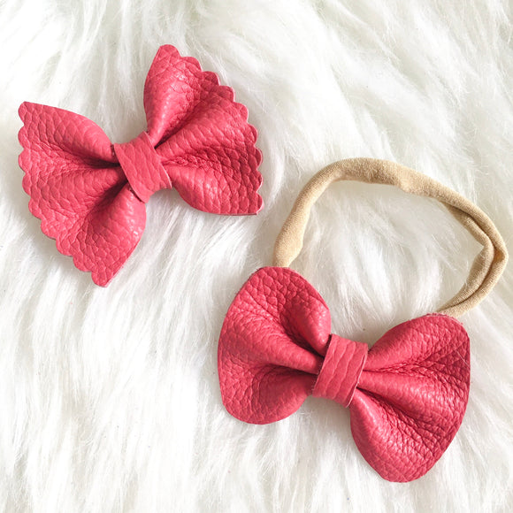 Bright Pink Pebbled Genuine Leather Bow